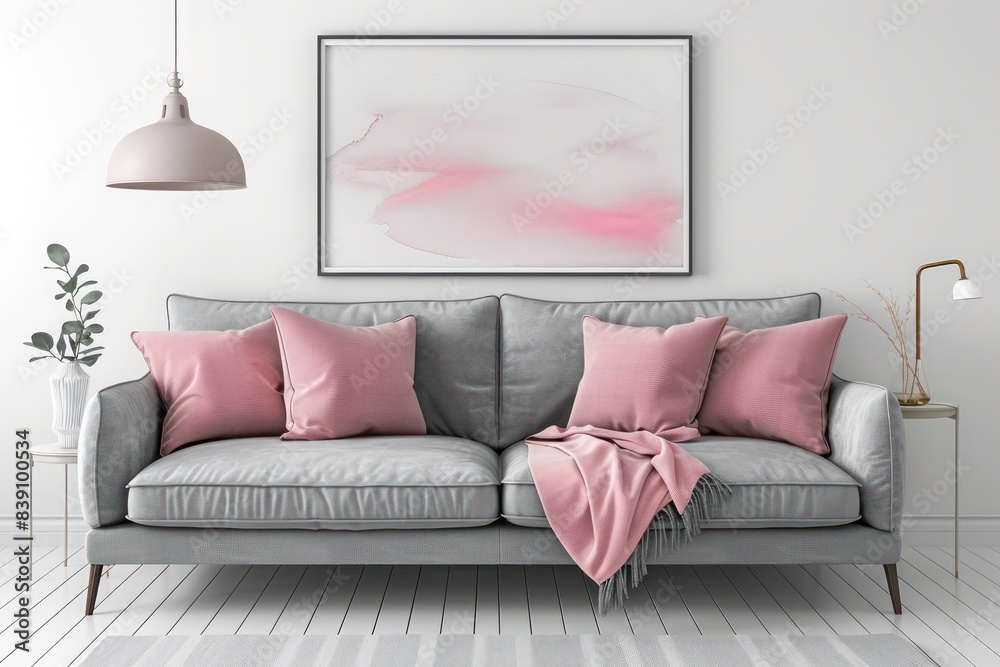 Modern living room interior design showcasing a grey sofa with pink accents against a white wall adorned with abstract art Modern living room interior design showcasing a grey sofa with pink accents against a white wall adorned with abstract art