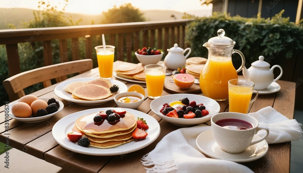 Summer outdoor breakfast table on patio. There is pancake, egg, orange juice, coffee, tea, fresh fruits, etc.
