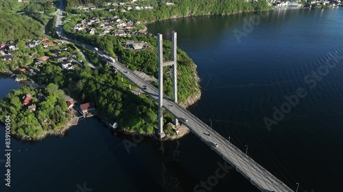 Nordhordland floating bridge mainland side at Tellevik and Hordvik, aerial showing traffic and bridge tower photo