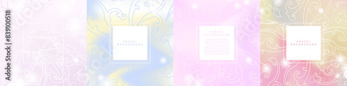 Set of Florid Patterned Backgrounds on Pastel Gradients with shining glitter and bright colorful liquid backdrops. White Square for texts and designs. Vector Templates. 