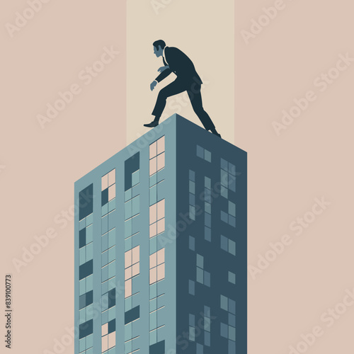 Silhouetted businessman atop skyscraper looking down, risky decision concept, urban background. Man standing edge building contemplating, corporate challenge metaphor, pastel tones illustration