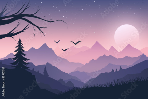 Full moon over the mysterious landscape of mountains and forests. Halloween vector landscape with beautiful and scary mountains, full moon and starry sky. Night landscape for design.