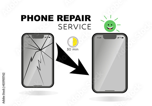 Phone repair service banner template. Smartphones with broken and good screens. Before and After. Advertising concept. Vector illustration