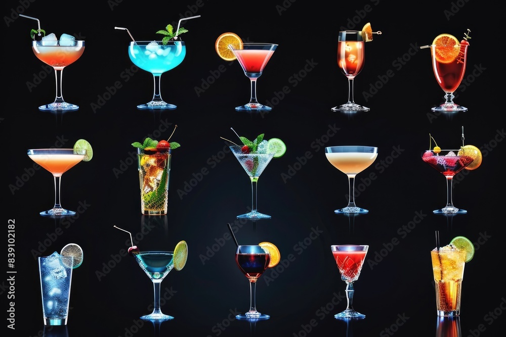Extensive cocktail collection on black background.