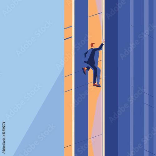 Man climbing corporate ladder representing career ambition success. Business person ascending geometric shapes symbolizing growth, challenge, achievement professional life. Blue orange corporate
