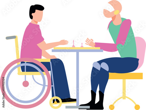 A disabled person is playing chess with a robot.