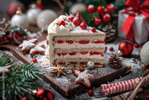 Festive Holiday Cake with Christmas Decorations and Seasonal Ornaments