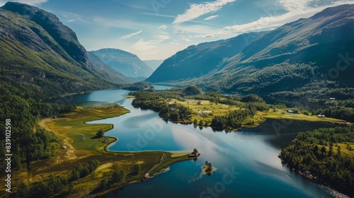 Scenic Aerial View of Serene Lake Surrounded by Majestic Mountains and Lush Green Valley photo