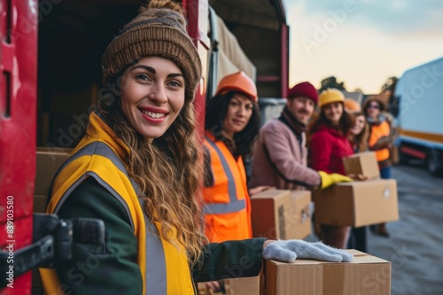 Volunteers work at a charity foundation, a refugee assistance center. A group of happy people unload cardboard boxes and donation boxes from the car for distribution to those in need.