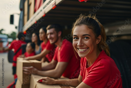 Volunteers work at a charity foundation, a refugee assistance center. A group of happy people unload cardboard boxes and donation boxes from the car for distribution to those in need.