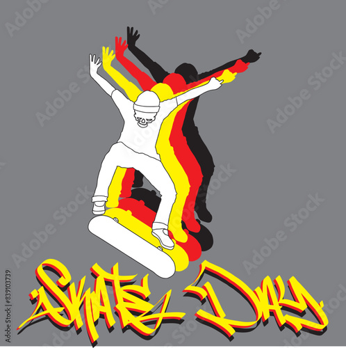 Skull head skater ollie trick skate or die skateboarding skate day go skateboarding world celebrate day word text graffiti handstyle tags lettering art vector digital illustration painting 