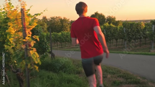 Slow motion footage of a man running at sunset in scenic countryside. His path is surrounded by vineyards, leading towards a sunlit hill. 

