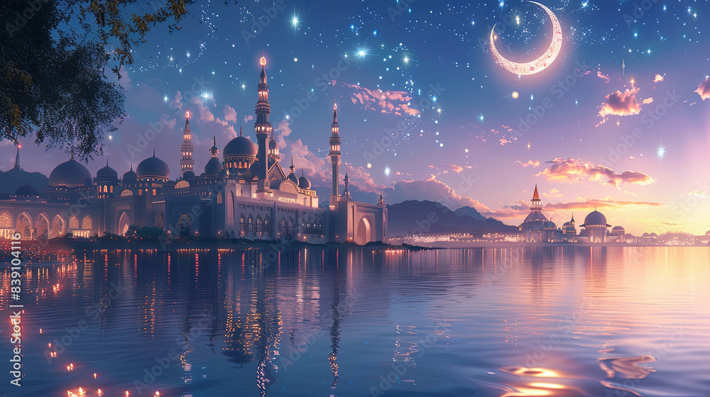 Design an artistic representation of the Eid moon reflected in a tranquil body of water, adding a touch of serenity and reflection to the celebration. Design an artistic representation of the Eid moon reflected in a tranquil body of water, adding a touch of serenity and reflection to the celebration.