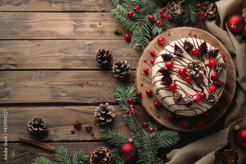 Christmas Cake with Berries and Icing on Rustic Wooden Table photo