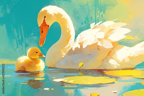 Super cute illustration of a cygnet following its mother, vibrant colors, soft focus, detailed fur texture, happy and playful mood