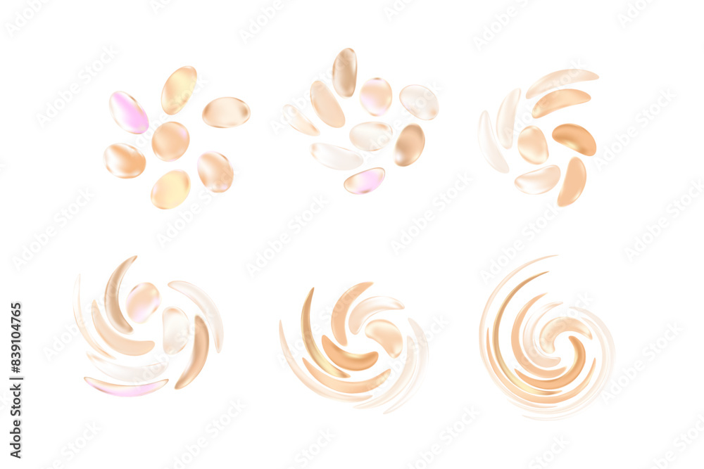 Abstract beige spin shapes, liquid swirl flow, neon nude color blob particle, smooth fluid droplet elements with glowing gradient texture. Aesthetic pearl decoration, isolated transparent background. Abstract beige spin shapes, liquid swirl flow, neon nude color blob particle, smooth fluid droplet elements with glowing gradient texture. Aesthetic pearl decoration, isolated transparent background.
