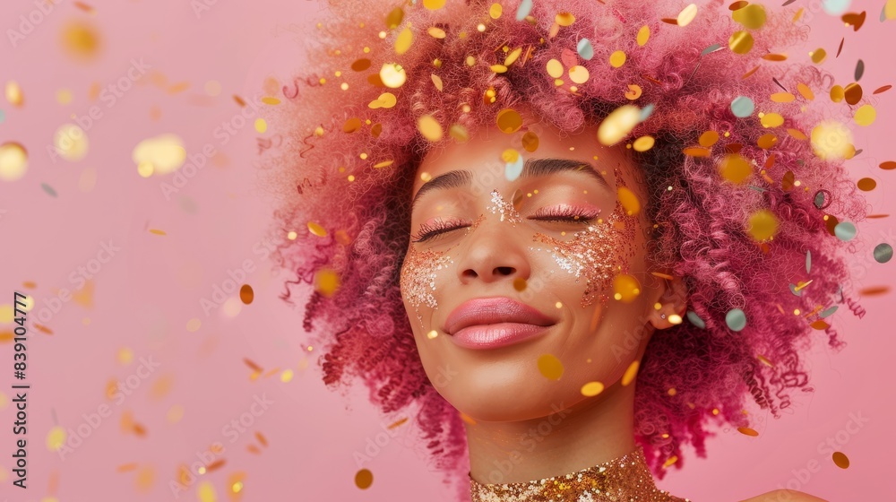 A young black woman with a pastel pink afro hairstyle stands against a pastel pink background while wearing a glittery dress and being showered in gold confetti