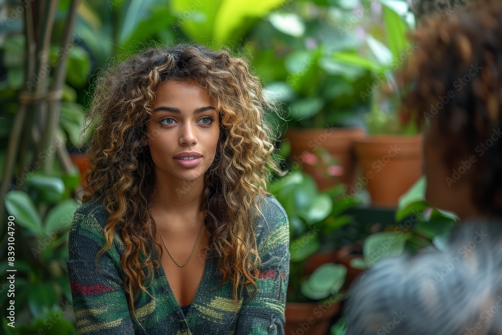 Woman with curly hair in a lush garden setting Woman with curly hair in a lush garden setting