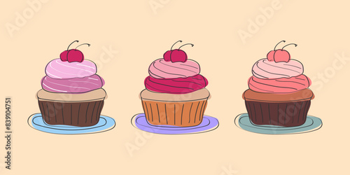 This illustration depicts three cherry cupcakes on plates, each with a different frosting color. They are drawn in a simple cartoon style and have a slightly whimsical feel.