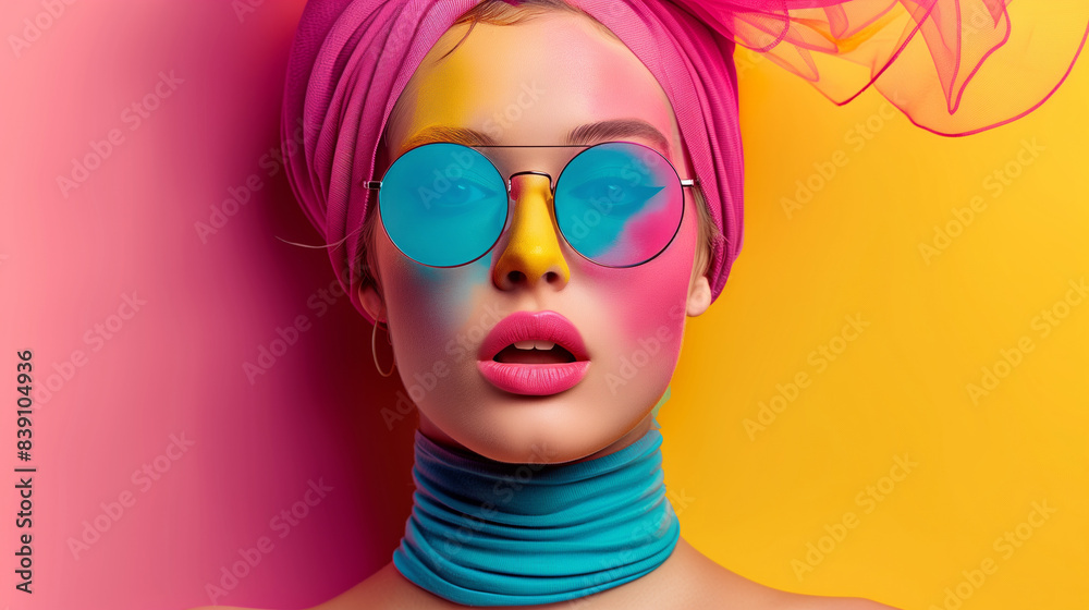A woman with blue and pink makeup and a blue scarf around her neck. She is wearing sunglasses and a pink head scarf. weird colorful charming woman A woman with blue and pink makeup and a blue scarf around her neck. She is wearing sunglasses and a pink head scarf. weird colorful charming woman