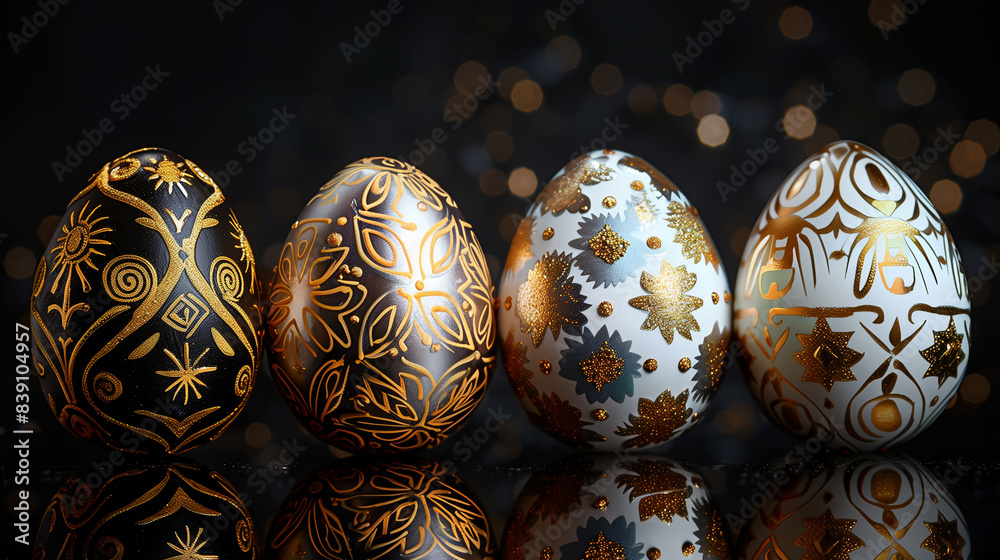 Decorative Easter eggs decorated with elegant gold or silver patterns on a black background Decorative Easter eggs decorated with elegant gold or silver patterns on a black background