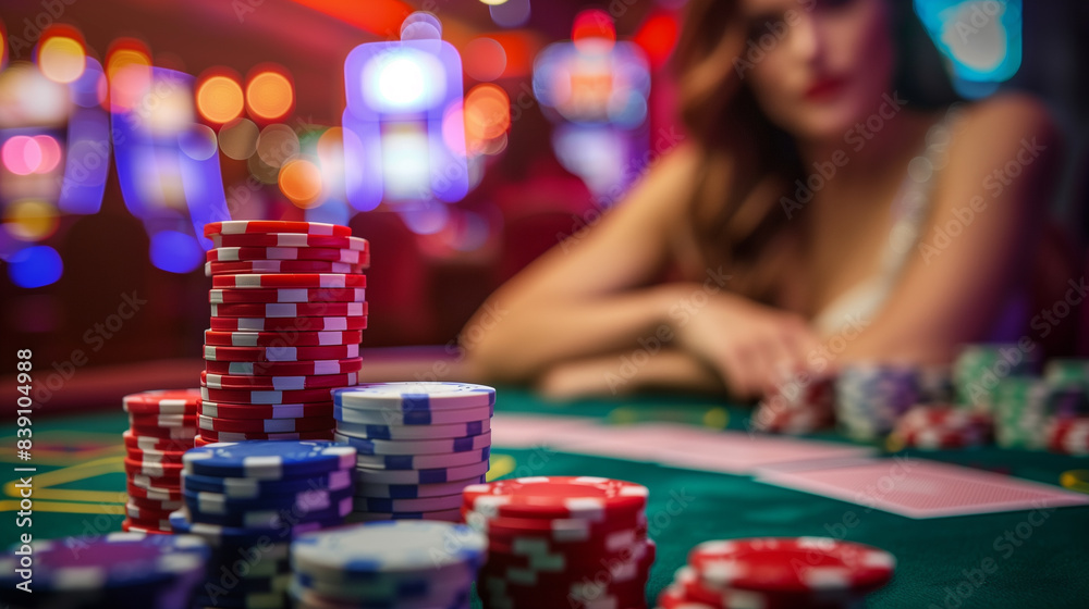 Closeup of casino chips and young woman in background