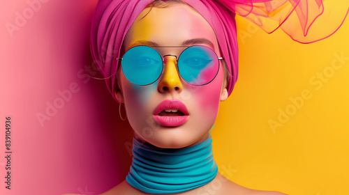 A woman with blue and pink makeup and a blue scarf around her neck. She is wearing sunglasses and a pink head scarf. weird colorful charming woman