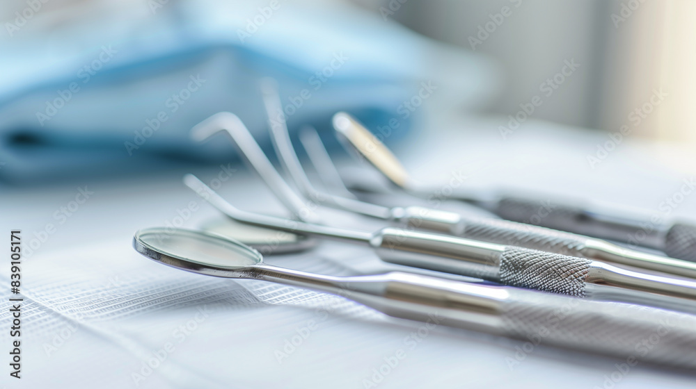 Closeup of silver dental tools on table Closeup of silver dental tools on table