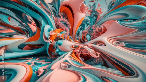 A surreal, abstract image with swirling, vibrant colors and organic shapes in the style of digital art. 