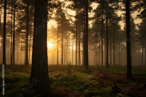 Golden sunlight pierces through the fog among tall pines and lush ferns in a tranquil forest scene
