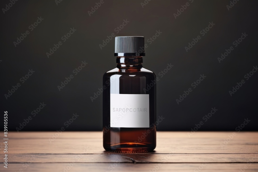 A cosmetic dark amber glass bottle with white lable on wooden table cosmetics aftershave perfume. A cosmetic dark amber glass bottle with white lable on wooden table cosmetics aftershave perfume.