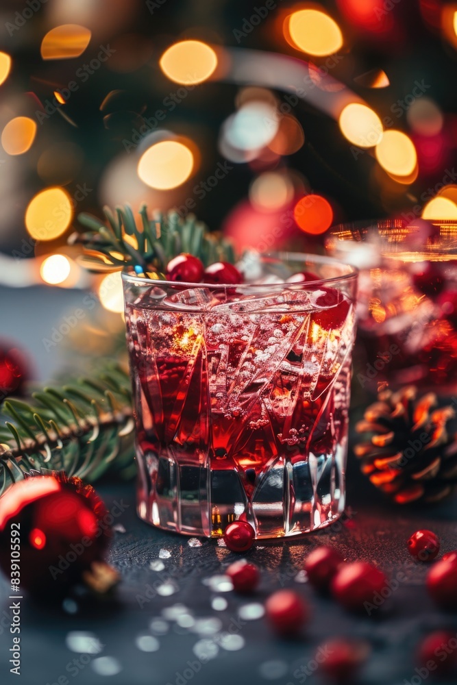 Festive Holiday Cocktail with Cranberries and Pine Branches Festive Holiday Cocktail with Cranberries and Pine Branches