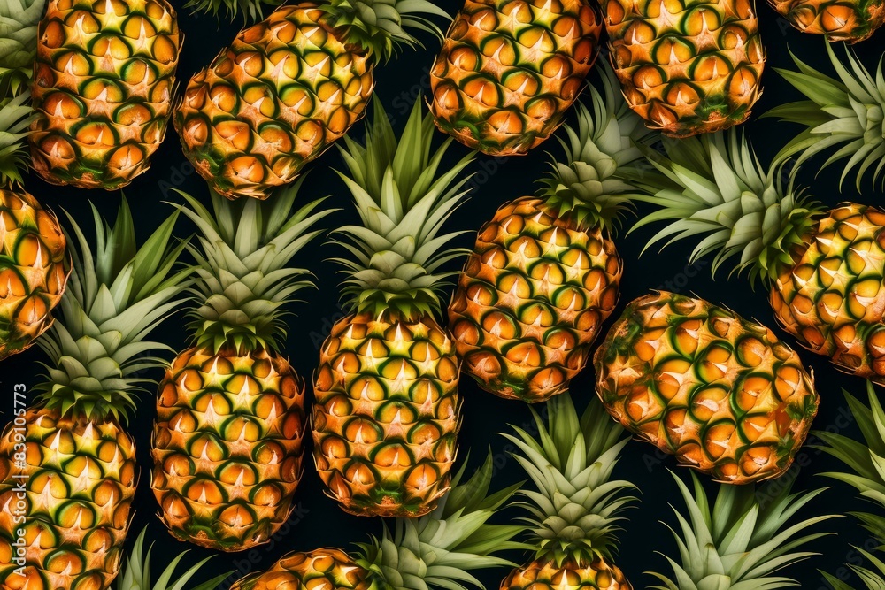 Flat lay of multiple pineapples arranged neatly on a dark backdrop Flat lay of multiple pineapples arranged neatly on a dark backdrop