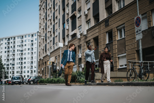 Wallpaper Mural Three multicultural business professionals casually stroll down a busy city street, discussing work while surrounded by urban architecture. Torontodigital.ca