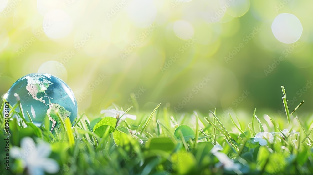A close-up shot of a glass globe depicting the Earth, resting in a bed of vibrant green grass with white flowers and a bokeh background A close-up shot of a glass globe depicting the Earth, resting in a bed of vibrant green grass with white flowers and a bokeh background