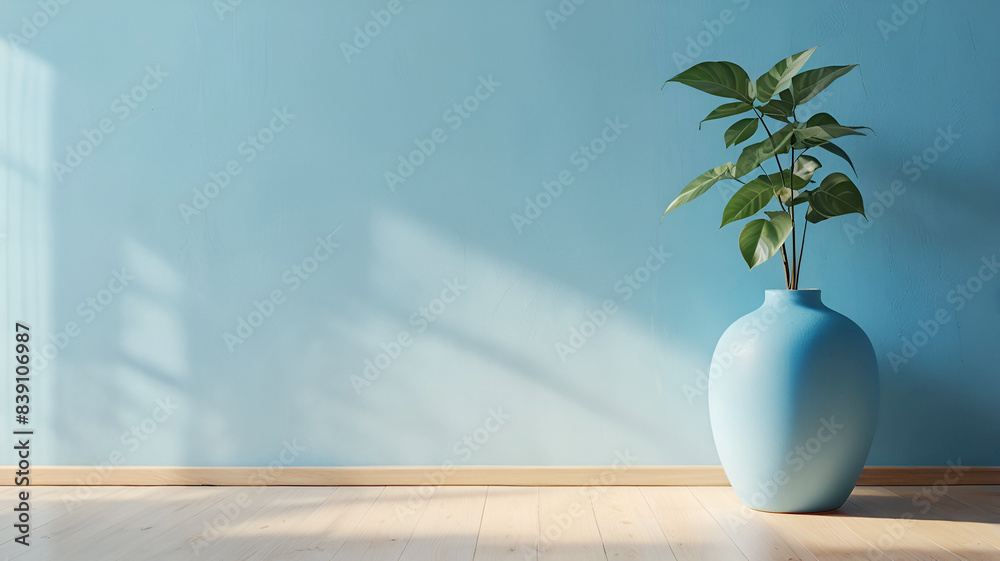 Light blue empty wall, vase with plant and wooden floor with interesting light glare. Light blue empty wall, vase with plant and wooden floor with interesting light glare.