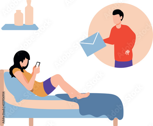 A girl is sending email using a mobile phone at home.