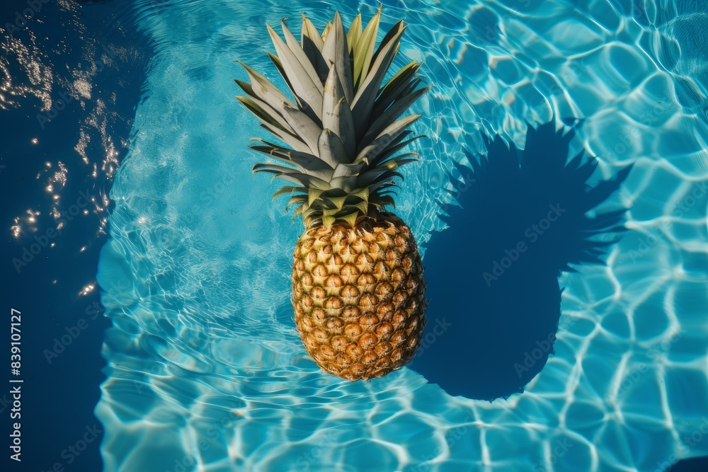 Ripe pineapple floats on azure water, casting a quirky shadow, summer vibe concept Ripe pineapple floats on azure water, casting a quirky shadow, summer vibe concept