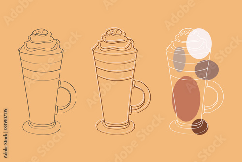 This image is a line art illustration of three iced coffees with whipped cream on top. The coffee cups are drawn in a simple, minimalist style and are set against a light brown background.