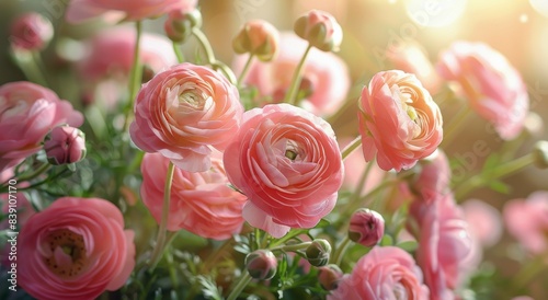 Pink Ranunculus Flowers Blooming in the Garden at Sunset