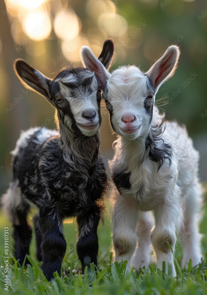 Two Young Goats Running Through Green Grass on a Sunny Day Two Young Goats Running Through Green Grass on a Sunny Day