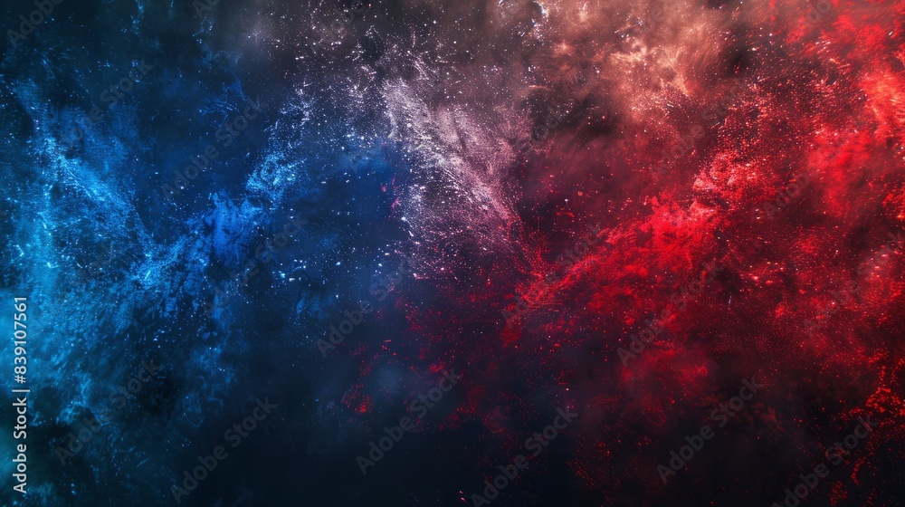 A dramatic photo of red and blue Fourth of July fireworks filling the night sky, with copy space on the right side of the composition A dramatic photo of red and blue Fourth of July fireworks filling the night sky, with copy space on the right side of the composition