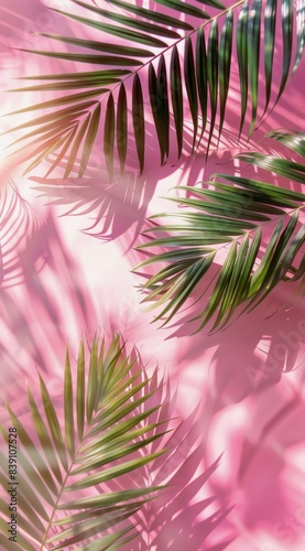 Pink And Green Palm Leaves On A Pink Background