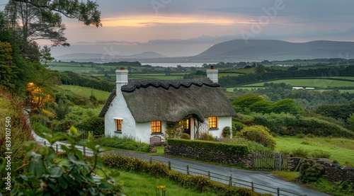 White Cottage With Thatched Roof on a Winding Road at Sunset