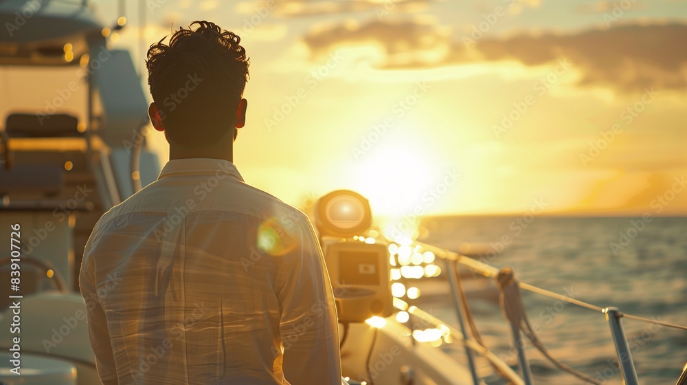 AI generated illustration of a person standing on a boat at sunset AI generated illustration of a person standing on a boat at sunset