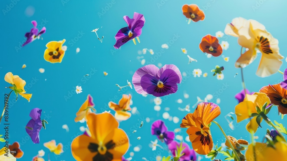 A vibrant image of colorful pansies thrown into the air against a bright blue sky. The photo captures the joy and beauty of summer with its cheerful colors and playful composition A vibrant image of colorful pansies thrown into the air against a bright blue sky. The photo captures the joy and beauty of summer with its cheerful colors and playful composition