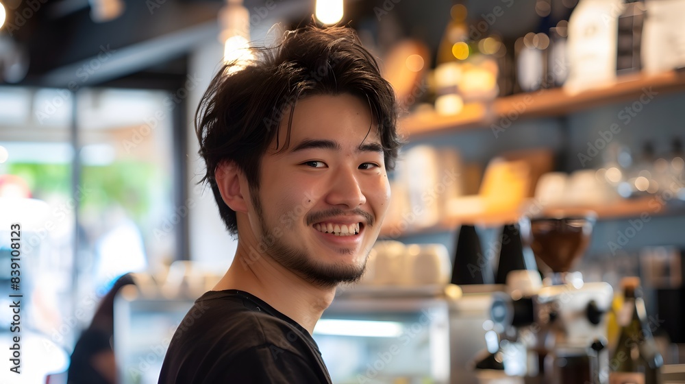 Fototapeta premium カフェで働く笑顔の日本人男性