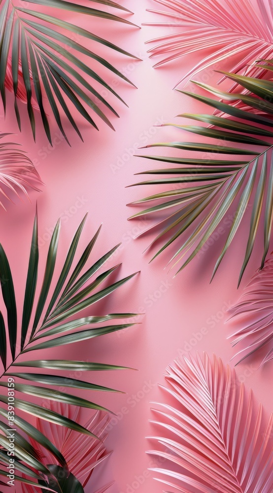 Pink And Green Palm Leaves On A Pink Background Pink And Green Palm Leaves On A Pink Background