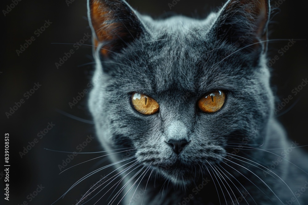 Intense gaze of a gray cat with striking amber eyes, showcasing exquisite detail Intense gaze of a gray cat with striking amber eyes, showcasing exquisite detail