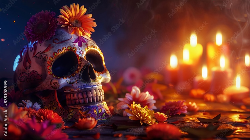 Tilted view of a whimsically painted skull, illuminated by burning candles, adorned with colorful Day of the Dead flowers, dark, moody background providing copyspace, CG 3D rendering Tilted view of a whimsically painted skull, illuminated by burning candles, adorned with colorful Day of the Dead flowers, dark, moody background providing copyspace, CG 3D rendering